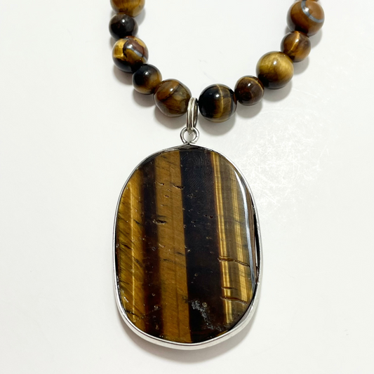 🐯✨ Bold Tiger’s Eye Necklace – 25” Oval Pendant w/ 8mm Tiger’s Eye Beads