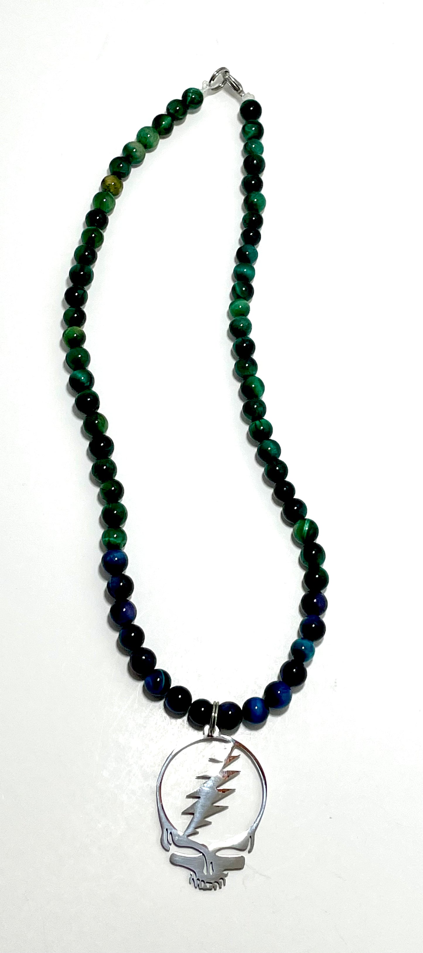 🎸 16.5” Grateful Dead Choker Necklace Adorned with Blue & Green Tiger’s Eye Beads