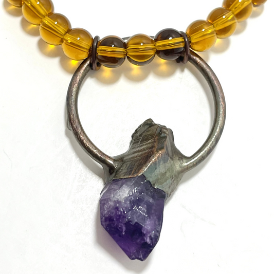 💜 19.5” Amethyst Inlaid in Copper Necklace Adorned with Amber Beads