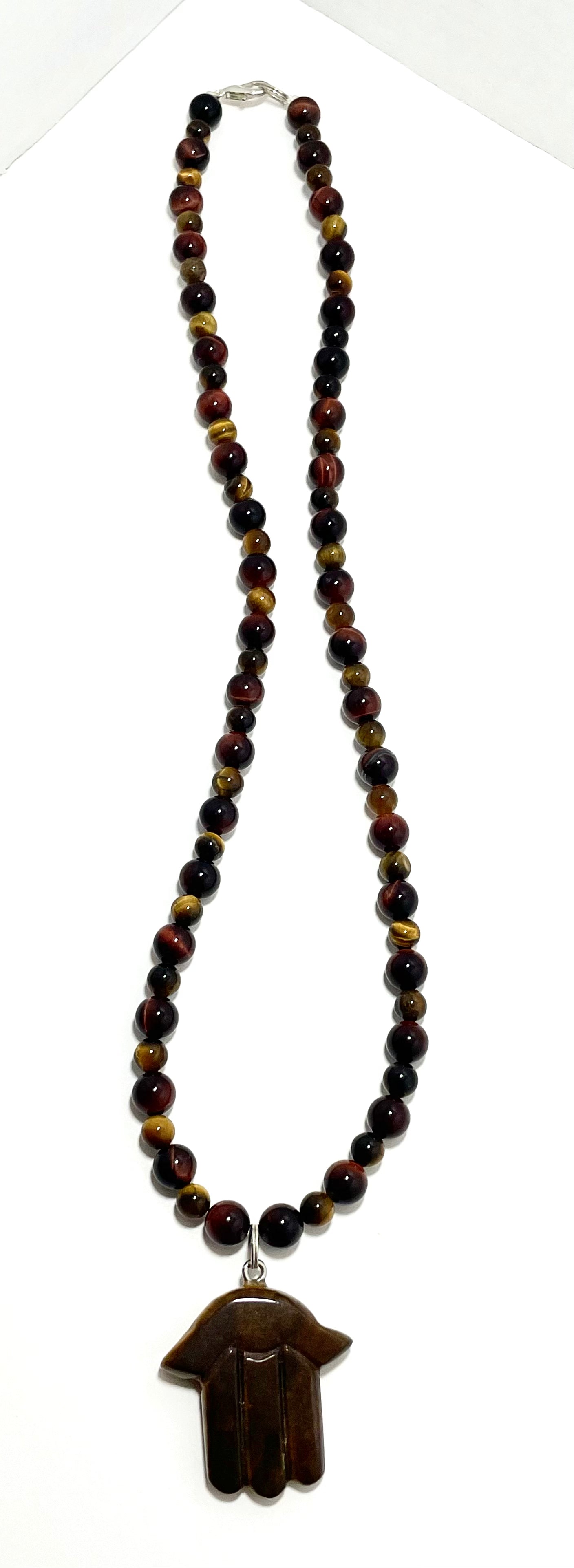 🧿✨ Tiger’s Eye Hamsa Necklace – 23” Hand-Carved with Red & Brown Tiger’s Eye Beads