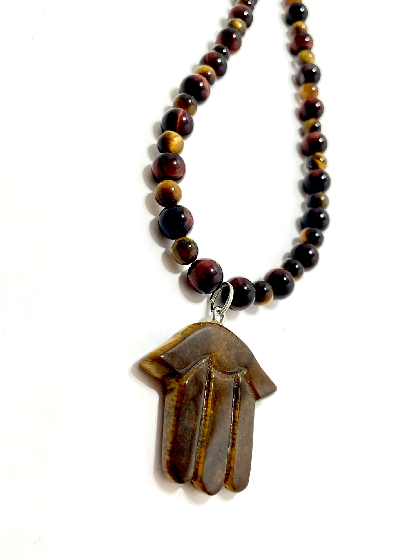 🧿✨ Tiger’s Eye Hamsa Necklace – 23” Hand-Carved with Red & Brown Tiger’s Eye Beads