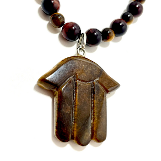 🧿✨ Tiger’s Eye Hamsa Necklace – 23” Hand-Carved with Red & Brown Tiger’s Eye Beads