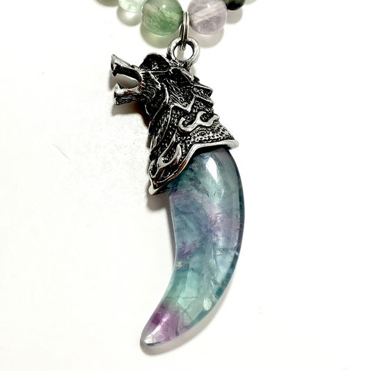 🐺 21.5” Stainless Steel &amp; Fluorite Wolf Necklace Adorned with Fluorite Beads