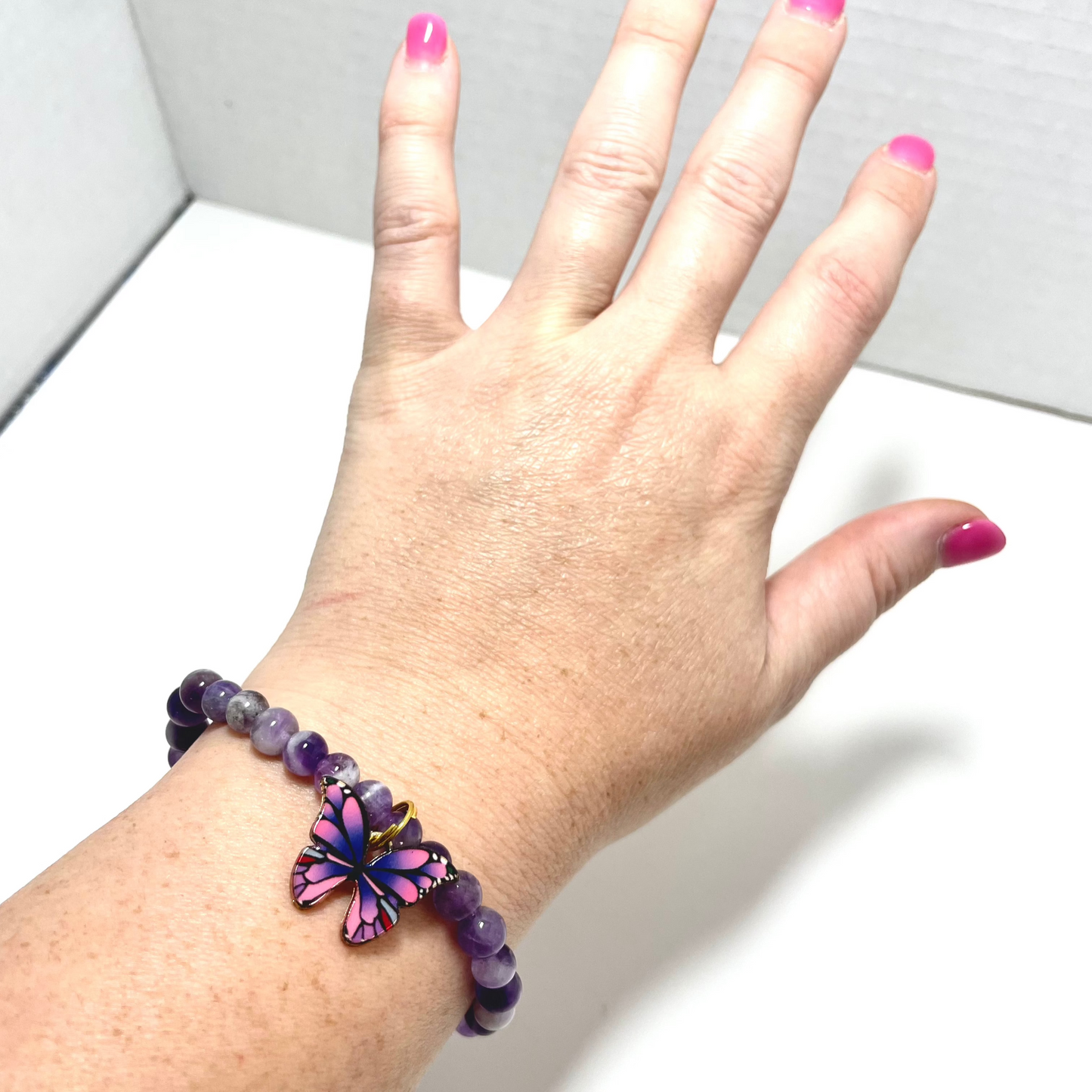 🦋💜 Stretchy 6mm Amethyst Bracelet with Butterfly Charm