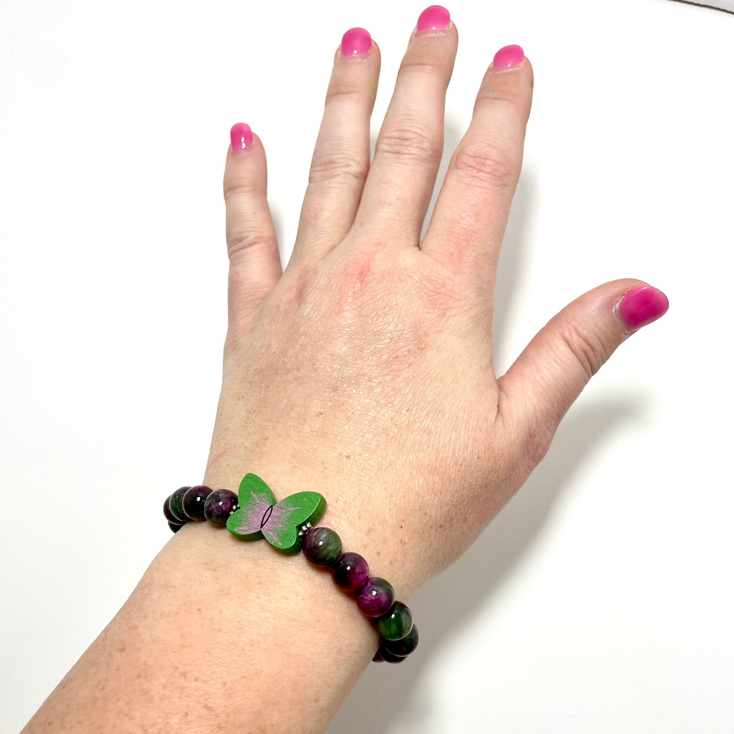 🦋💗 Stretchy 8mm Persian Jade & Pink Tourmaline Butterfly Bracelet