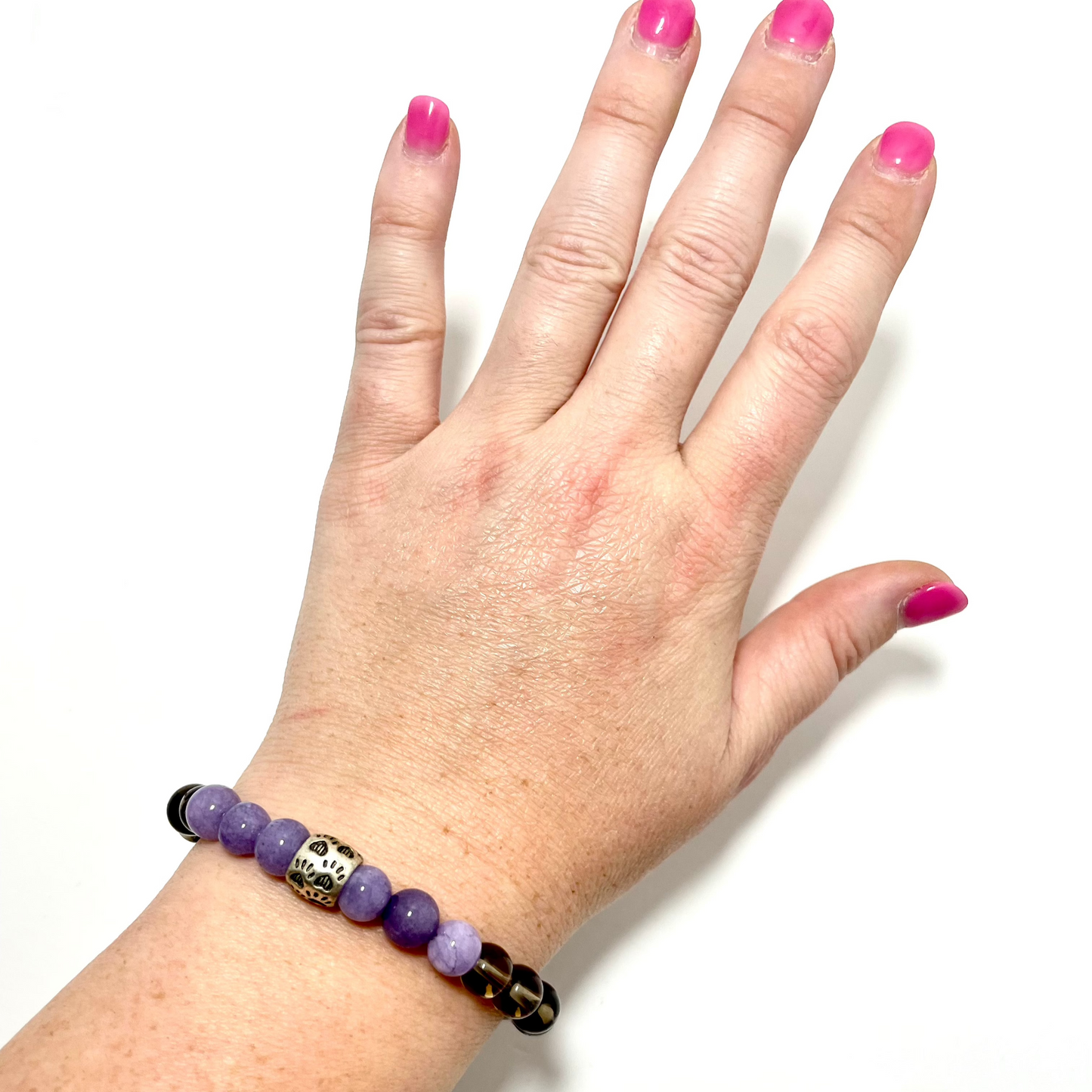 🐾✨ Stretchy 8mm Smoky Quartz & Angelite Paw Print Bracelet