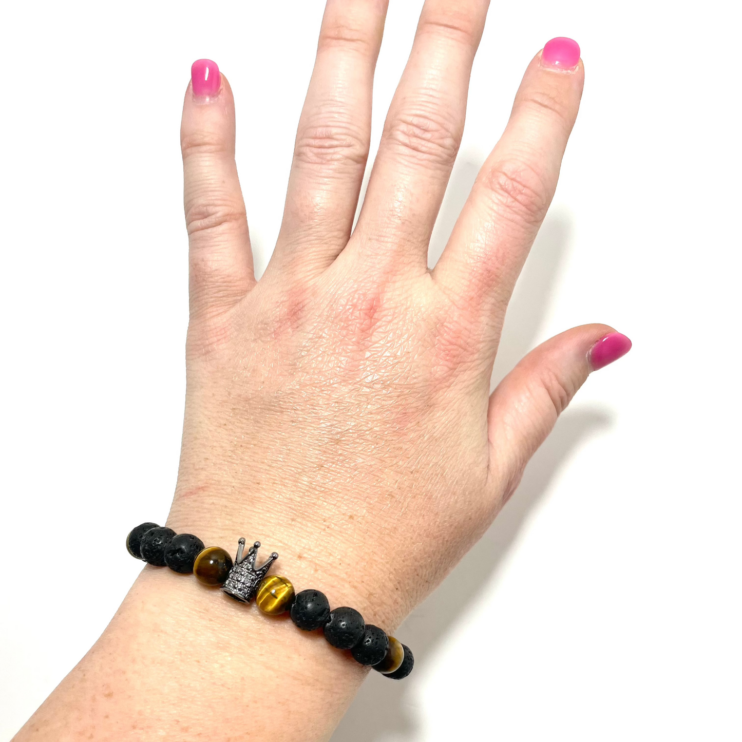👑💪 Stretchy 8mm Lava Stone & Tiger's Eye Crown Diffuser Bracelet