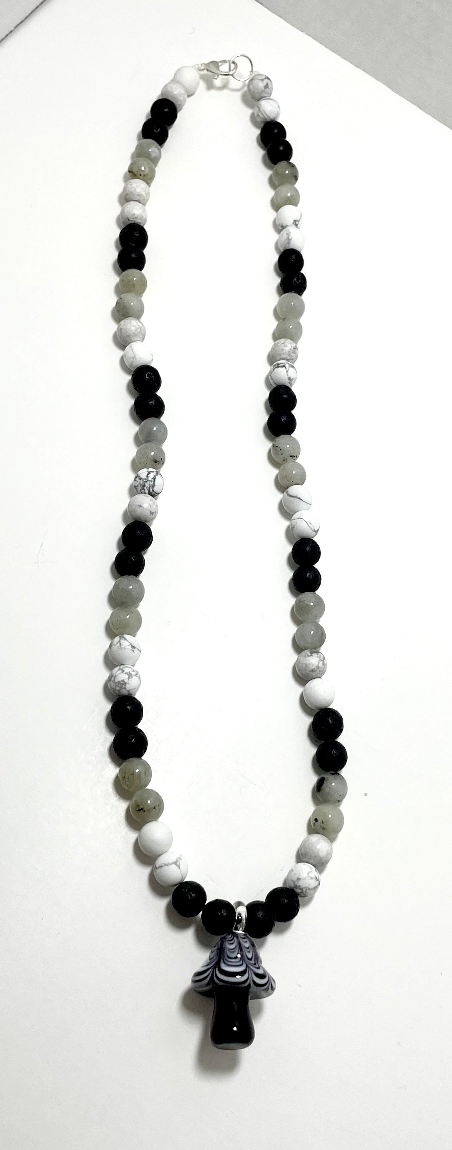 🍄 23” Glass Blown Mushroom Necklace Adorned with 8mm Howlite, Labradorite, and Lava Stone Diffuser Beads
