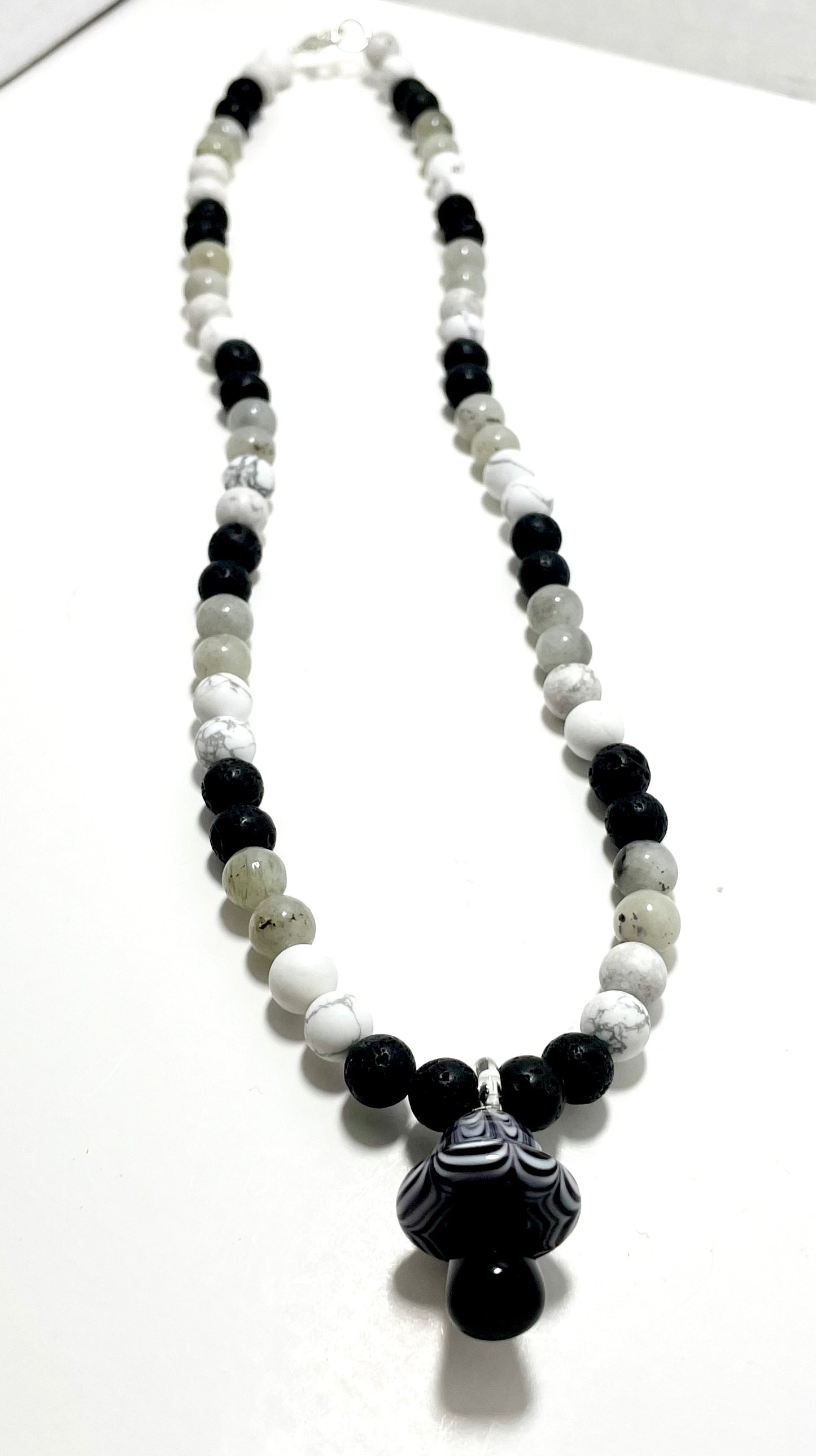 🍄 23” Glass Blown Mushroom Necklace Adorned with 8mm Howlite, Labradorite, and Lava Stone Diffuser Beads