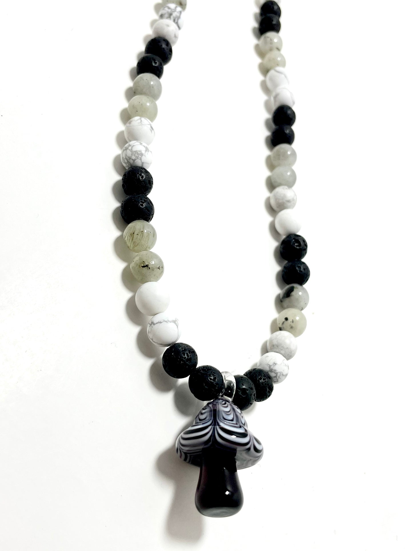 🍄 23” Glass Blown Mushroom Necklace Adorned with 8mm Howlite, Labradorite, and Lava Stone Diffuser Beads