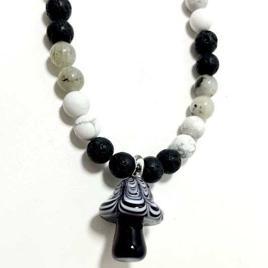 🍄 23” Glass Blown Mushroom Necklace Adorned with 8mm Howlite, Labradorite, and Lava Stone Diffuser Beads