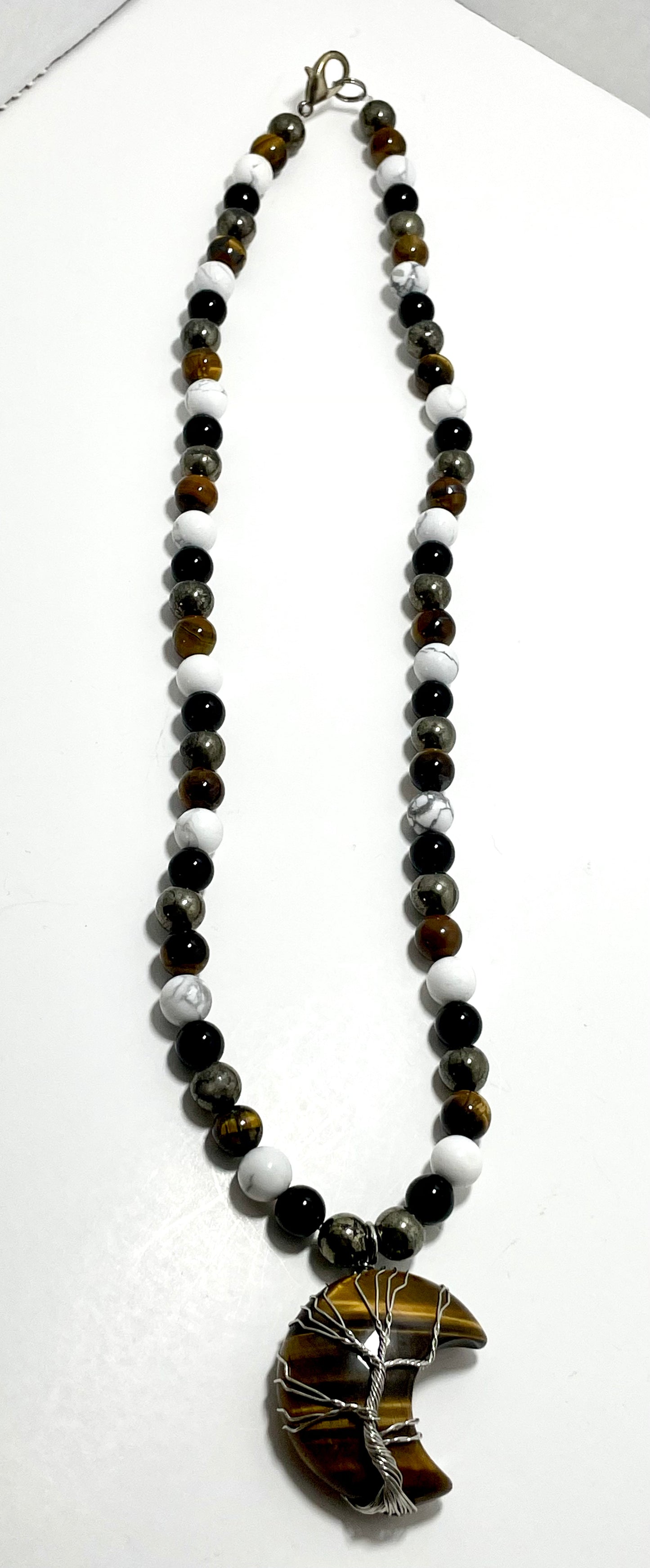 22” Wire Wrapped Tigers Eye Tree Of Life Moon Necklace Adorned With 8mm Pyrite, Onyx, Tigers Eye, & Howlite Beads