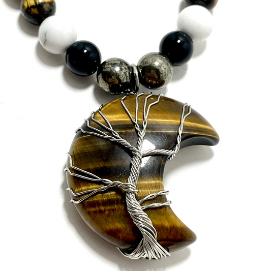 22” Wire Wrapped Tigers Eye Tree Of Life Moon Necklace Adorned With 8mm Pyrite, Onyx, Tigers Eye, & Howlite Beads