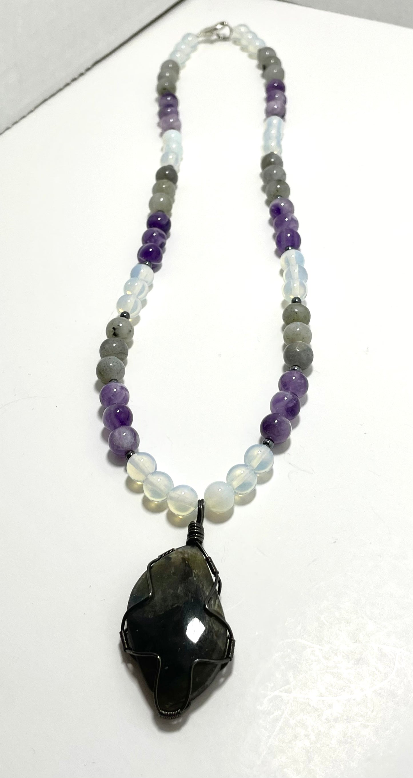 🌟💜 Labradorite Dream Necklace – 22.5” Wire Wrapped with Amethyst & Opalite