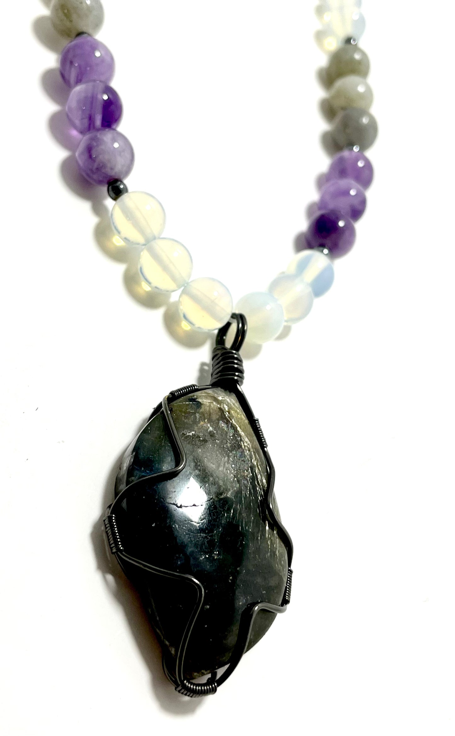 🌟💜 Labradorite Dream Necklace – 22.5” Wire Wrapped with Amethyst & Opalite