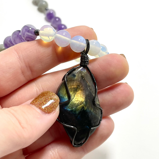 🌟💜 Labradorite Dream Necklace – 22.5” Wire Wrapped with Amethyst & Opalite